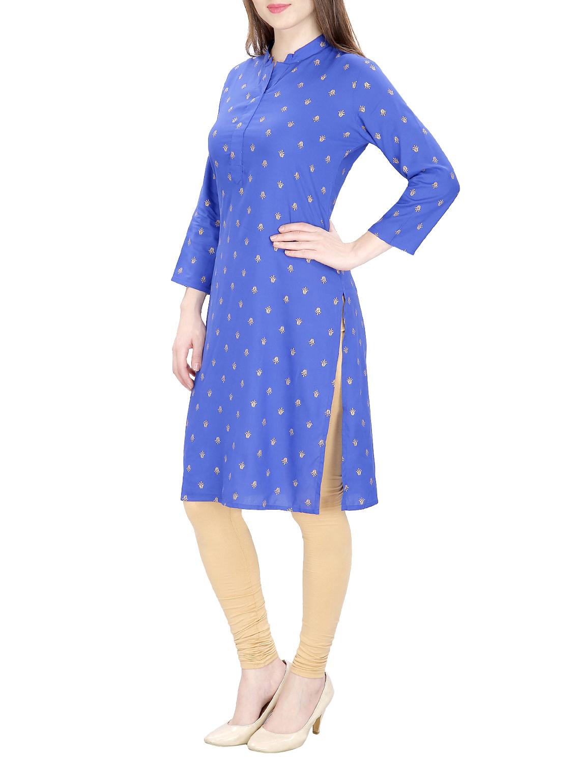 blue cotton straight printed kurta - 15120869 - Zoom Image - 2