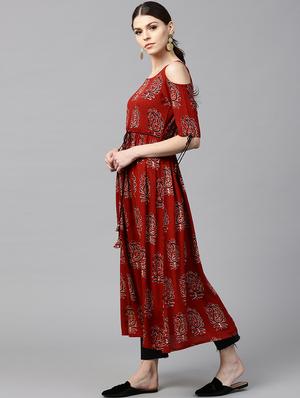 brown rayon flared kurta - 15122097 - Standard Image - 2
