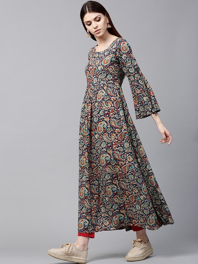 Blue rayon flared kurta - 15122101 - Zoom Image - 2