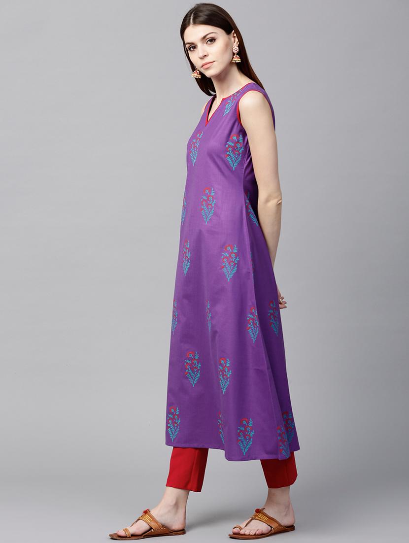 purple cotton aline kurta - 15122125 - Zoom Image - 2