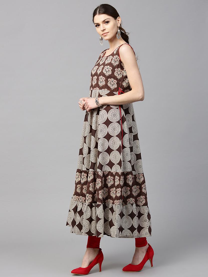 brown cotton flared kurta - 15122127 - Zoom Image - 2