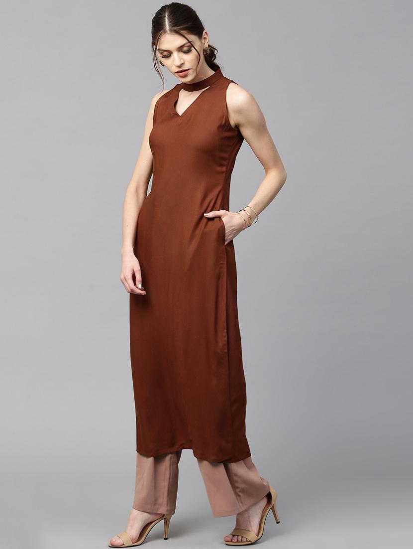 brown rayon aline kurta - 15122133 - Zoom Image - 2