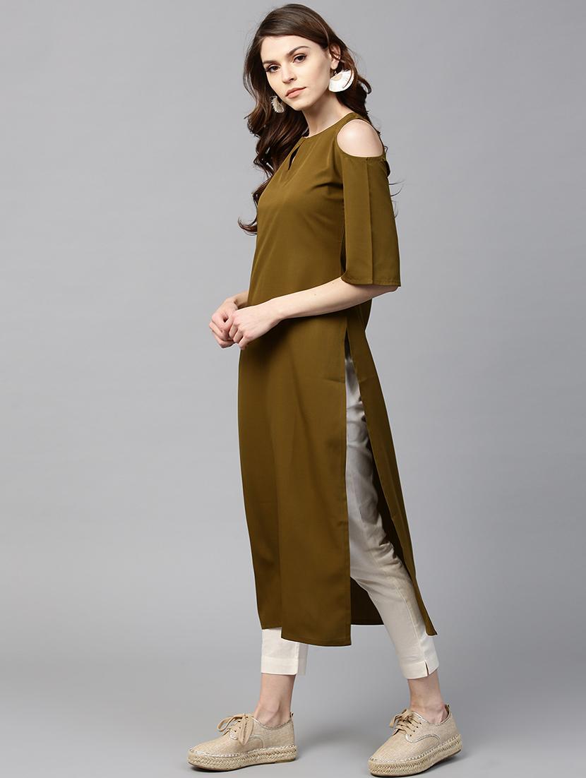 green crepe straight kurta - 15122141 - Zoom Image - 2