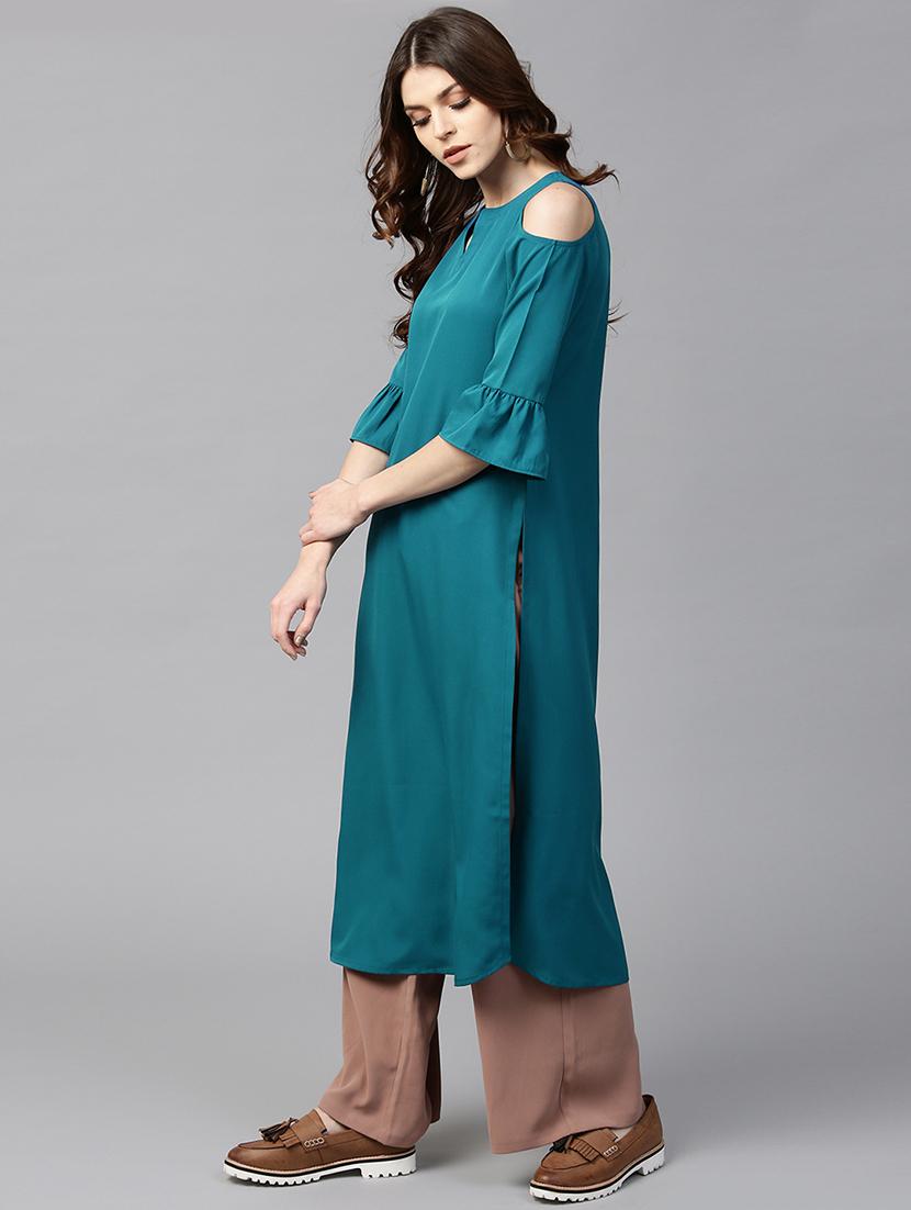 blue crepe straight kurta - 15122142 - Zoom Image - 2