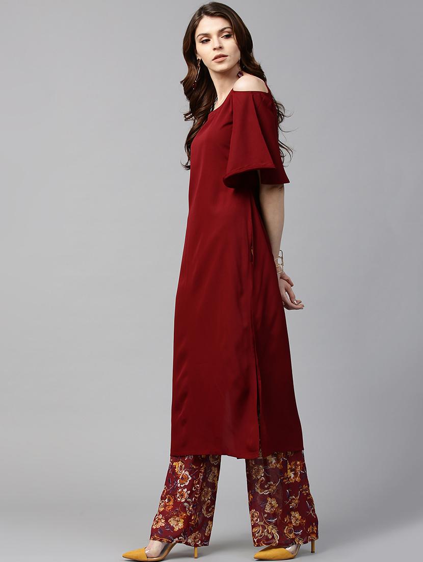 maroon crepe straight kurta - 15122143 - Zoom Image - 2