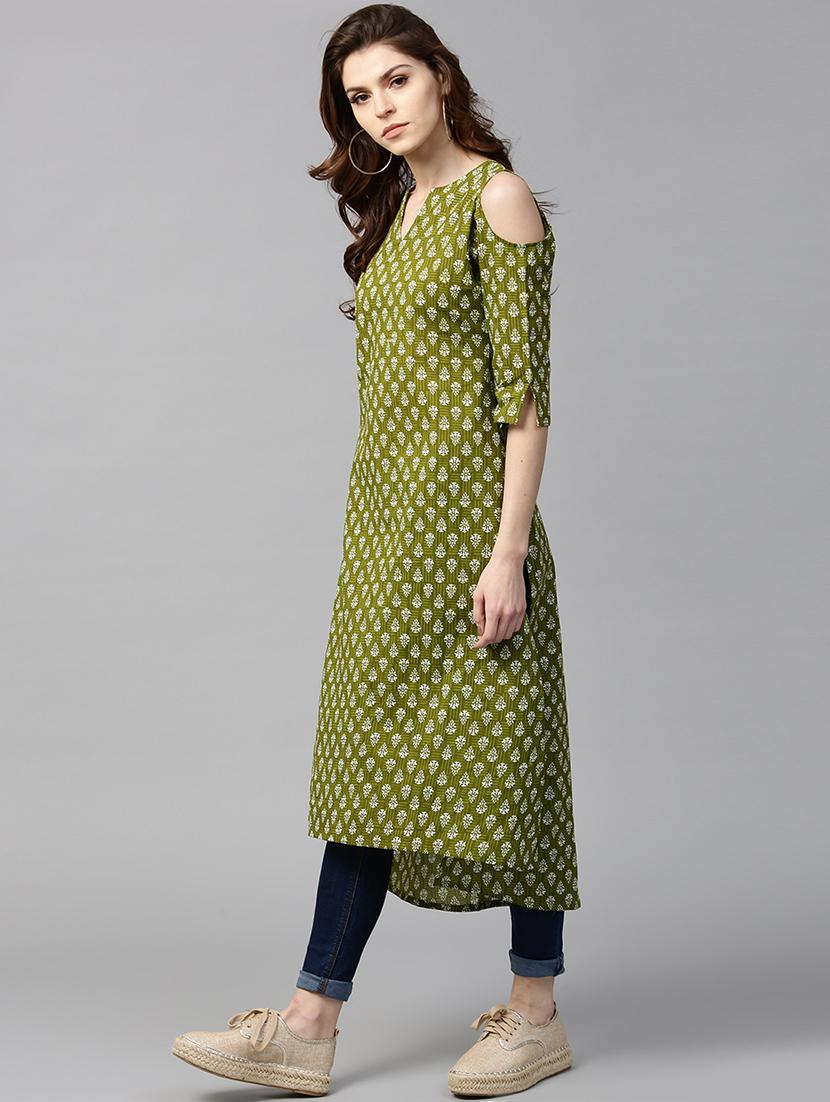 green cotton aline kurta - 15122149 - Zoom Image - 2