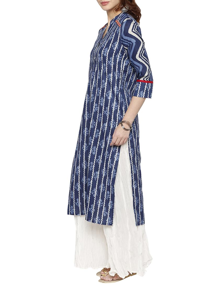 blue cotton straight kurta - 15122364 - Zoom Image - 2