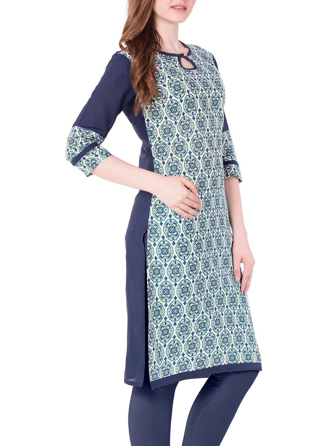 blue cotton a-line kurta - 15122379 - Zoom Image - 2