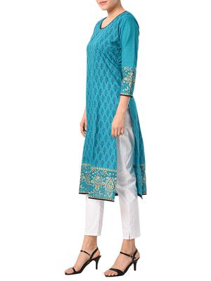 Blue cotton straight kurta - 15122535 - Standard Image - 2