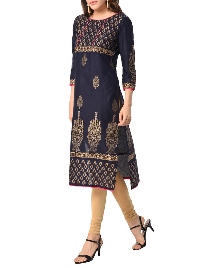 blue cotton straight kurta - 15122538 - Zoom Image - 2