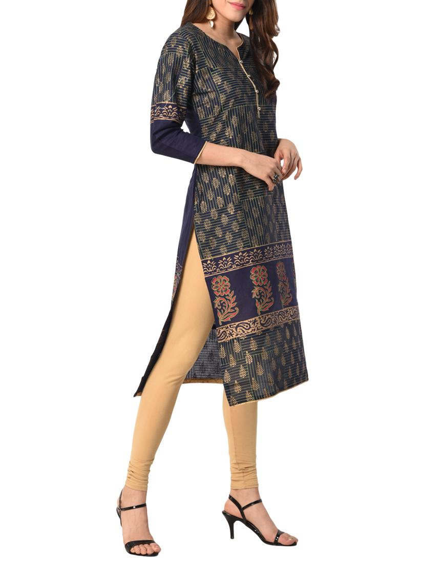 blue cotton straight kurta - 15122540 - Zoom Image - 2