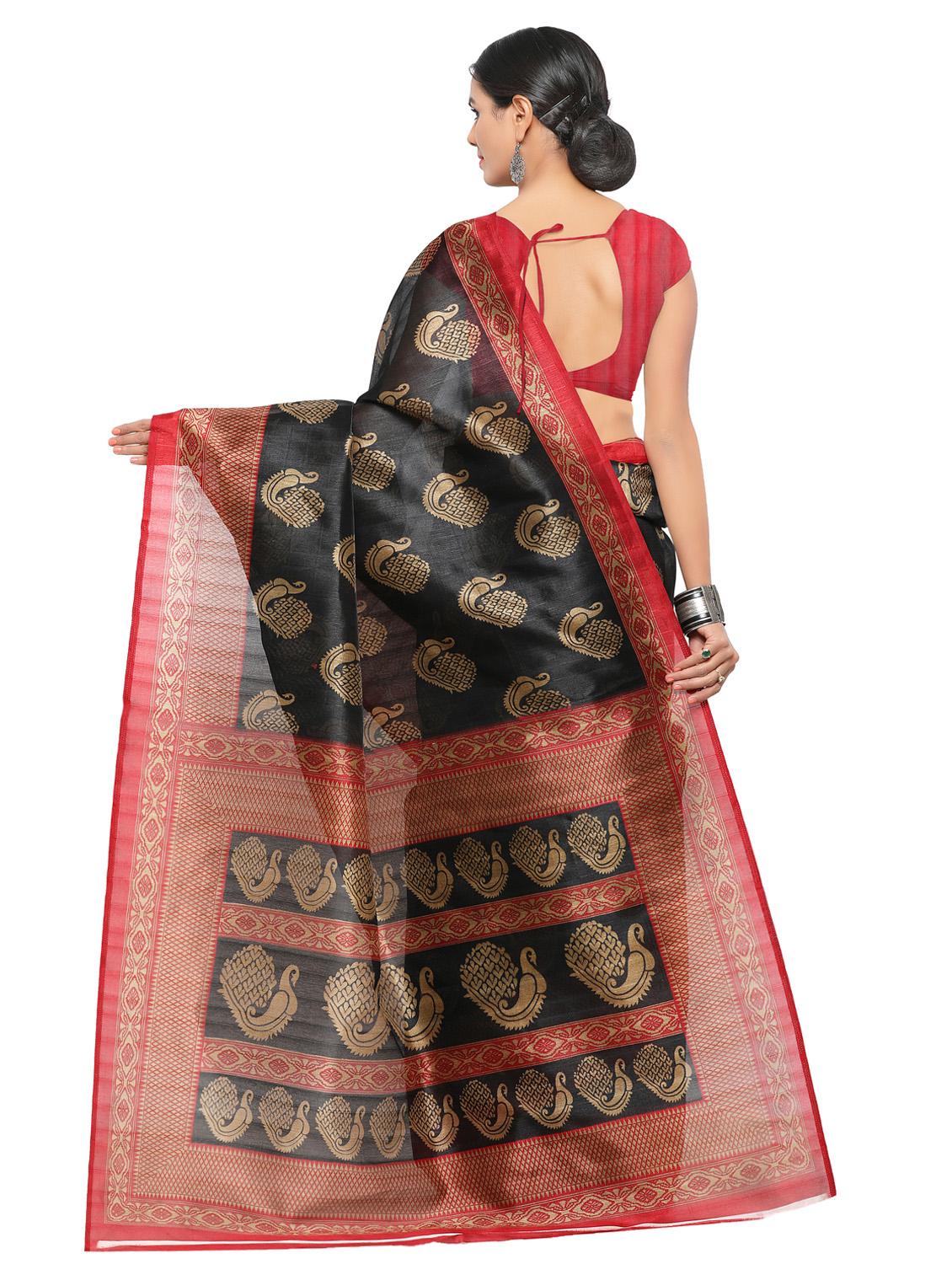 black cotton printed saree with blouse - 15128619 - Zoom Image - 2