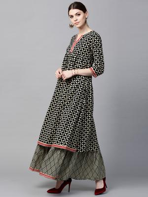 Black Cotton Printed a-line Kurta With Skirt - 15129030 - Standard Image - 2