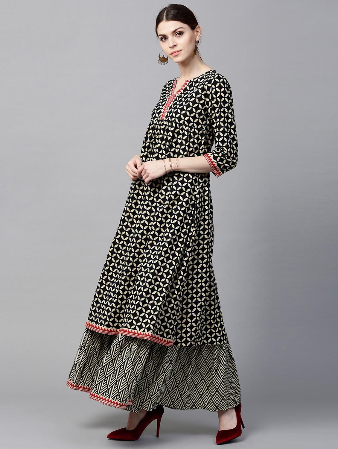 Black Cotton Printed a-line Kurta With Skirt - 15129030 - Zoom Image - 2