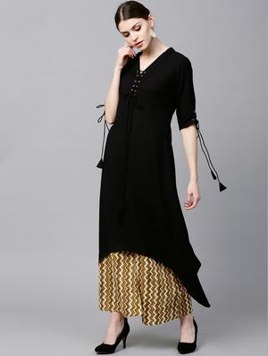 Black Rayon Solid Kurta With Cotton Printed Palazzo - 15129034 - Standard Image - 2