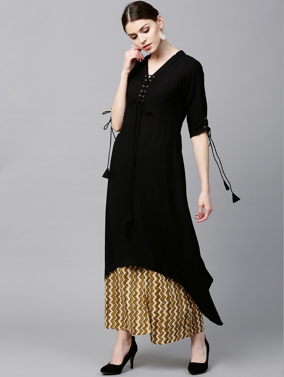 Black Rayon Solid Kurta With Cotton Printed Palazzo - 15129034 - Zoom Image - 2