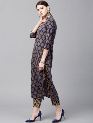 Blue Rayon Printed Straight Kurta With Trouser - 15129041 - Standard Image - 2