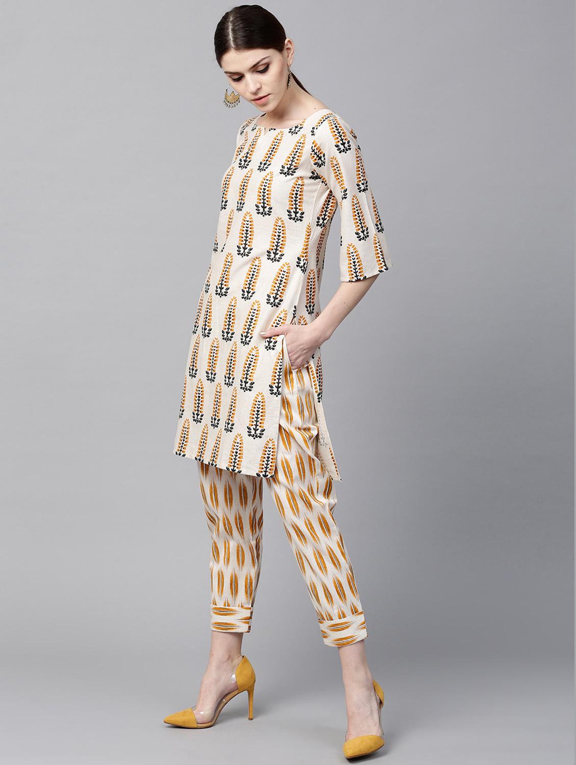 White Cotton Printed Short Kurta With Trouser - 15129045 - Zoom Image - 2