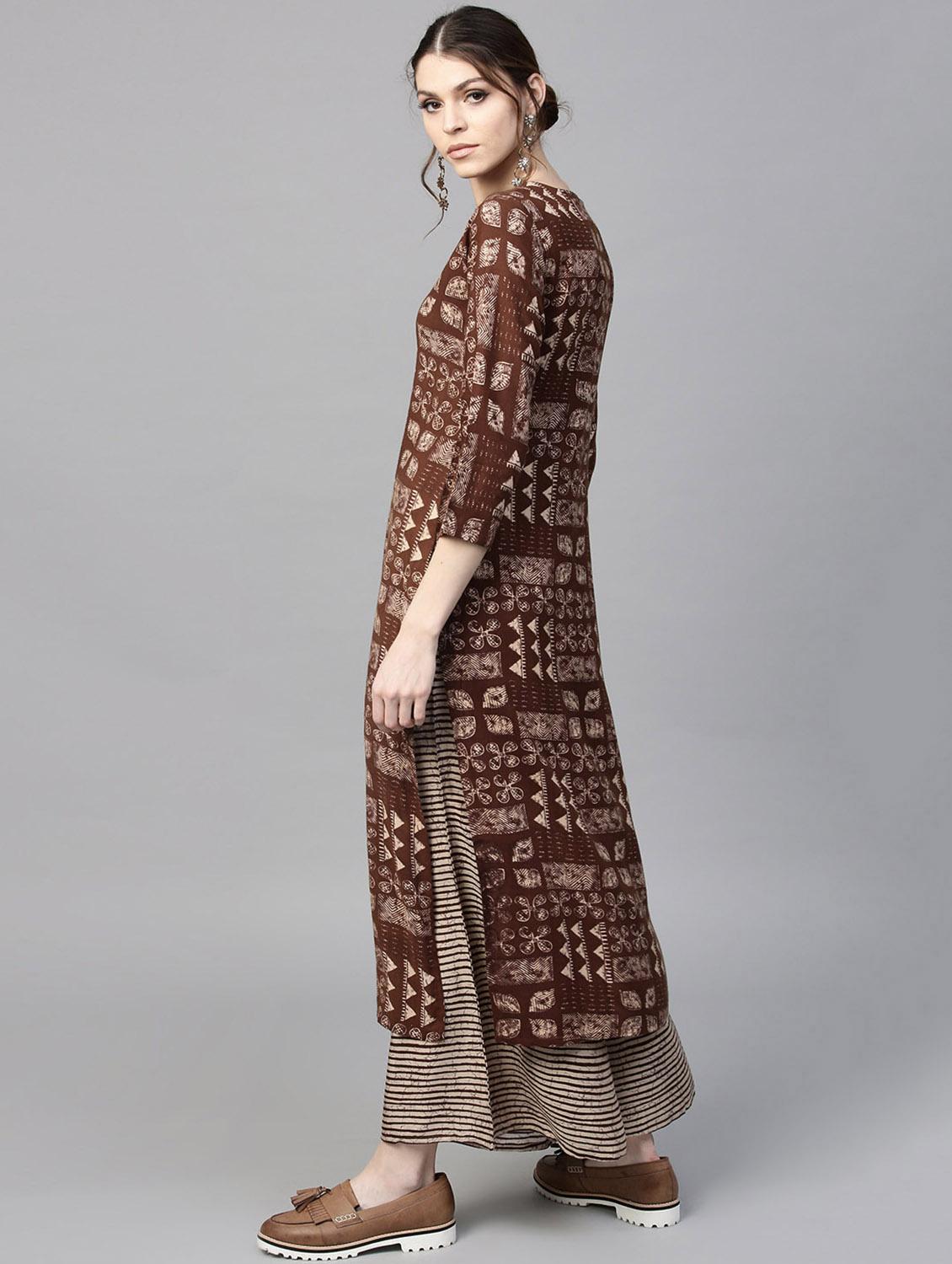 Brown Rayon Printed Straight Kurta With Palazzo - 15129056 - Zoom Image - 2