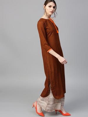 Brown Rayon Printed Straight Kurta With Palazzo - 15129057 - Standard Image - 2