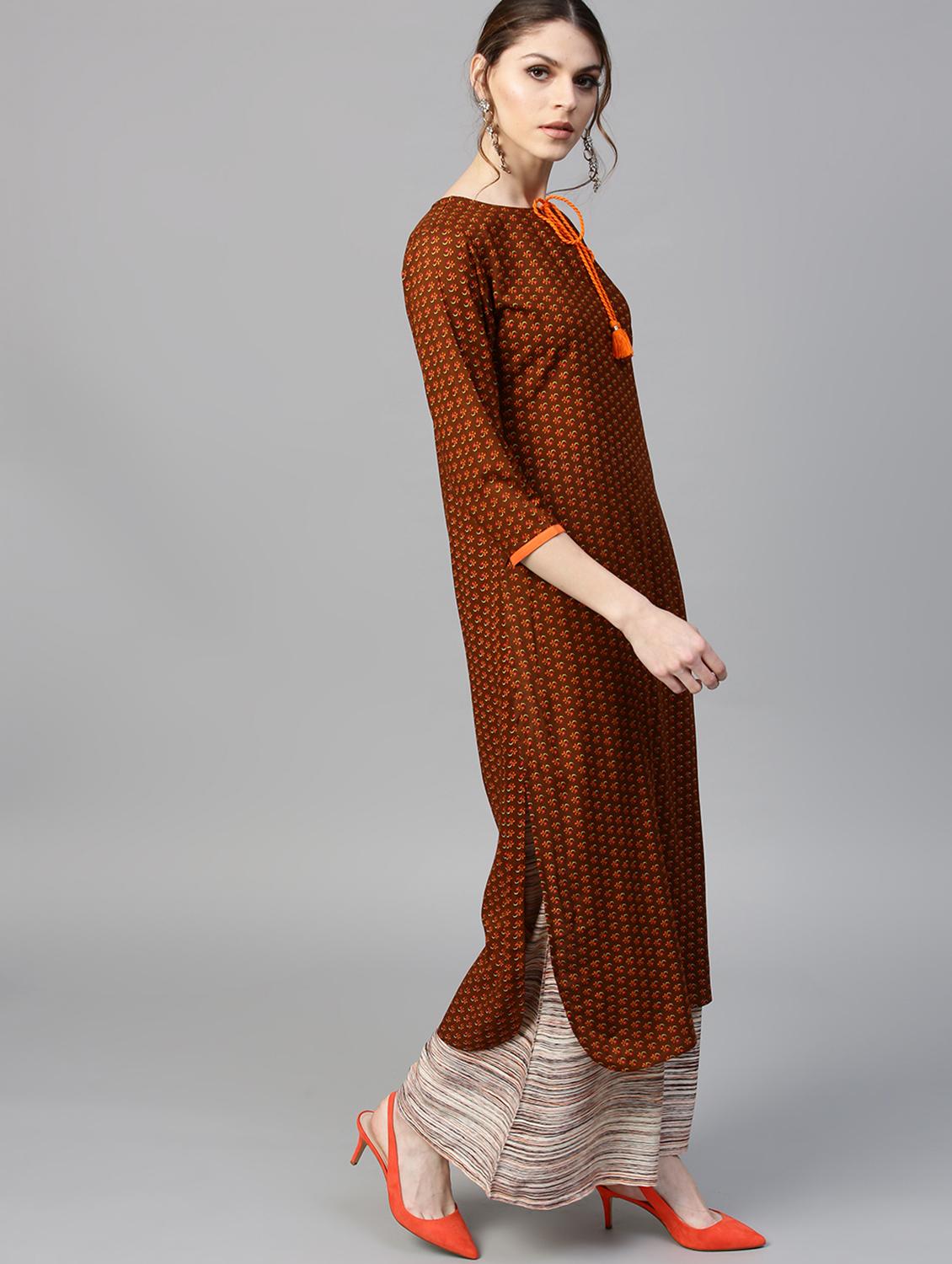 Brown Rayon Printed Straight Kurta With Palazzo - 15129057 - Zoom Image - 2