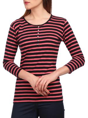 pink striped cotton henley tee - 15132446 - Standard Image - 2