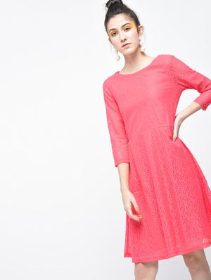 pink solid net fit & flare dress - 15137224 - Standard Image - 2