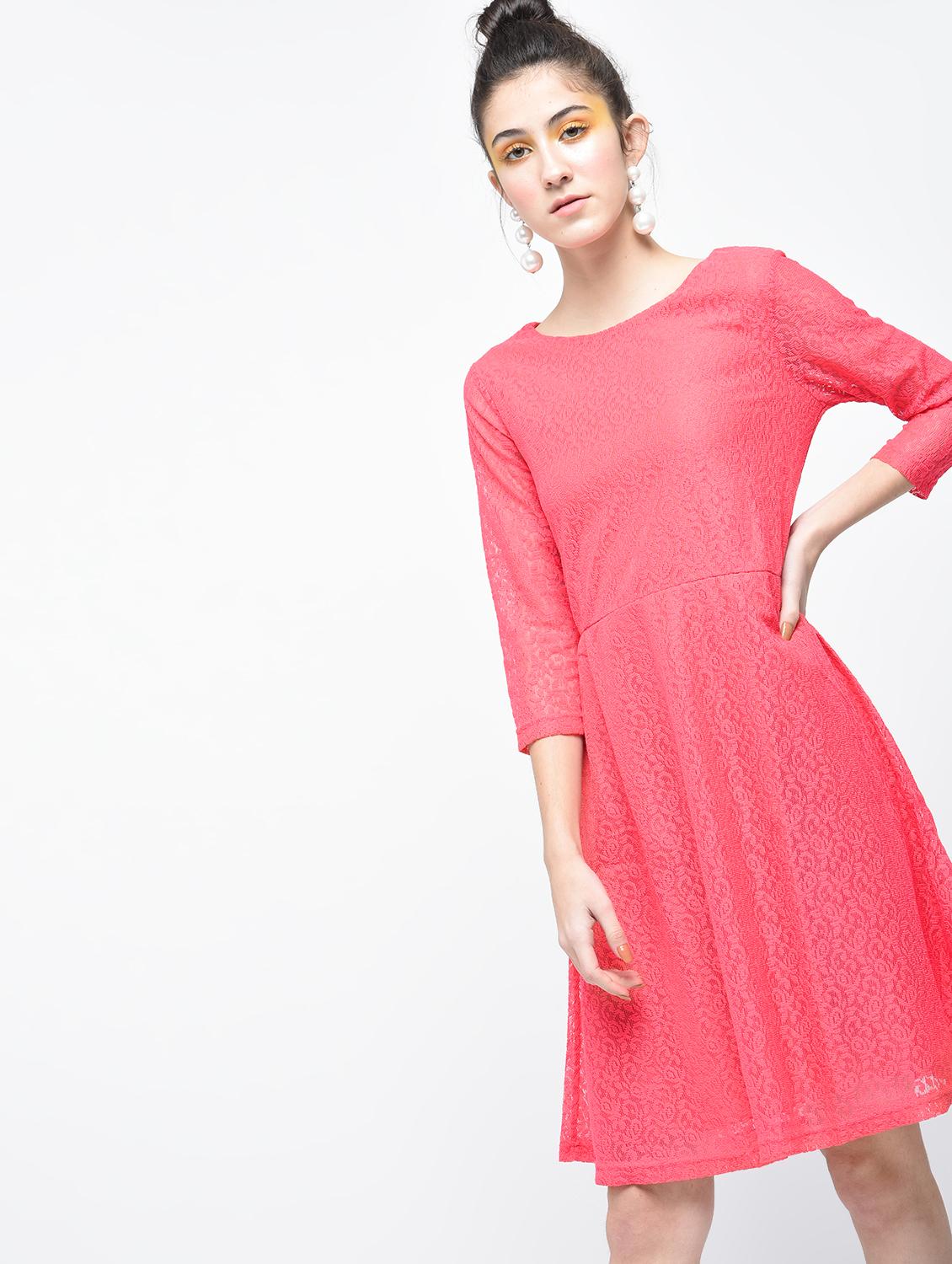 pink solid net fit & flare dress - 15137224 - Zoom Image - 2