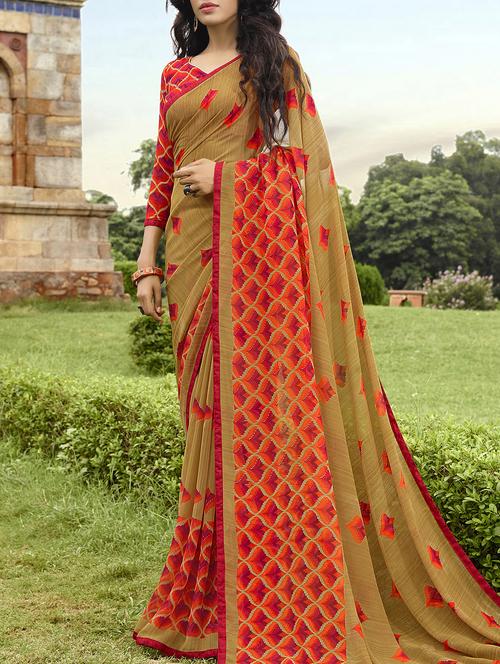 beige georgette printed saree with blouse - 15137517 - Very Small Image - 1