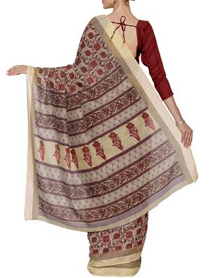 beige cotton silk printed saree with blouse - 15140822 - Standard Image - 2