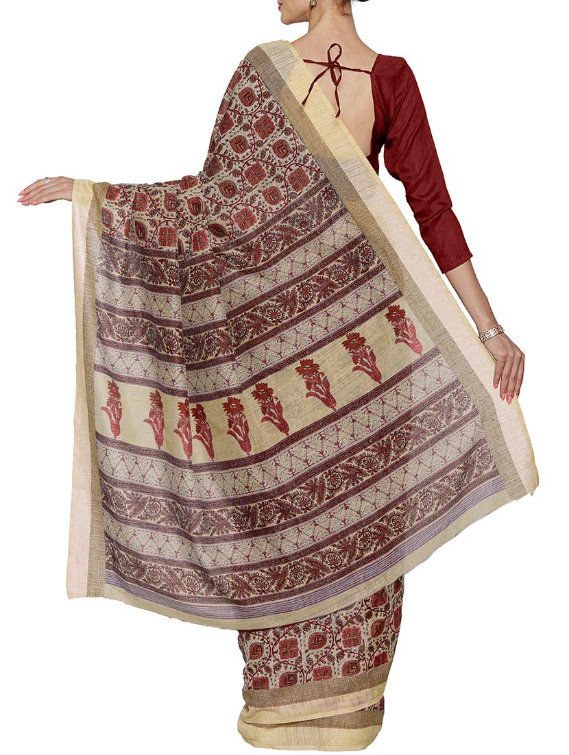 beige cotton silk printed saree with blouse - 15140822 - Zoom Image - 2