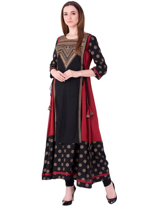black rayon layered kurta - 15142602 - Standard Image - 1