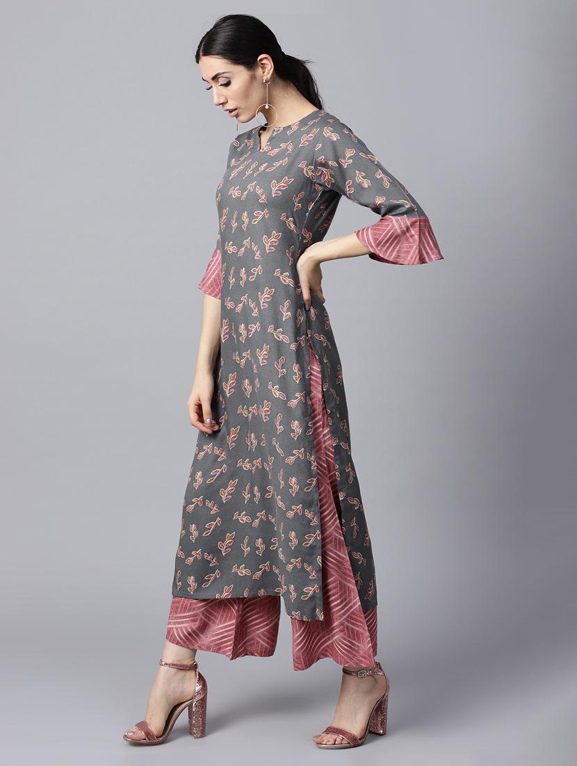 grey rayon kurta palazzo set - 15143337 - Zoom Image - 2