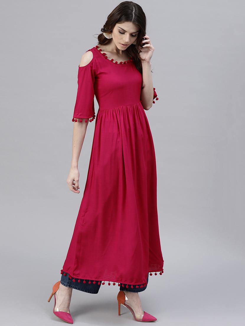 pom pom solid flared kurta - 15143428 - Zoom Image - 2