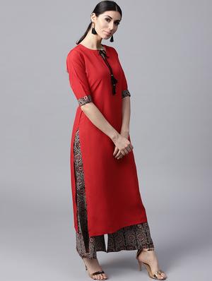 red synthetic kurta palazzo set - 15143442 - Standard Image - 2