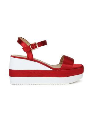 Red and White Ankle Strap Wedges - 15144764 - Standard Image - 2