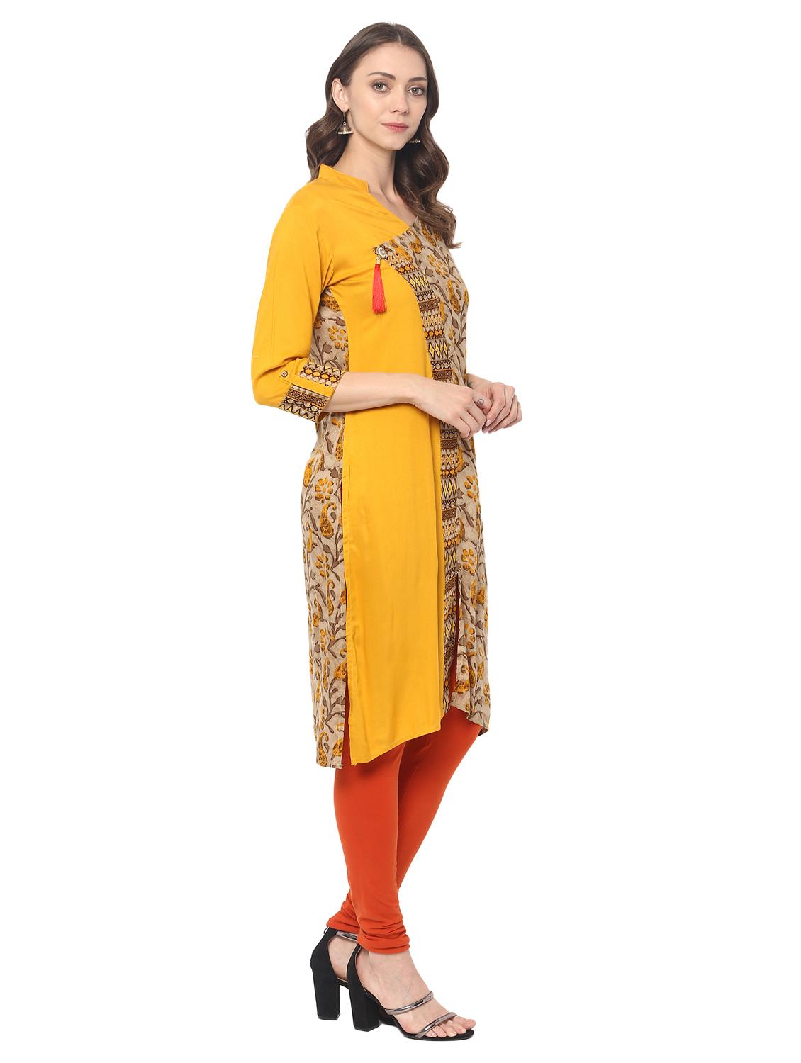 mustard rayon straight kurta - 15152262 - Zoom Image - 2