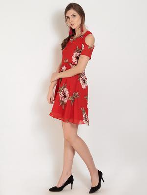 Lace up back floral cold shoulder dress - 15155781 - Standard Image - 2