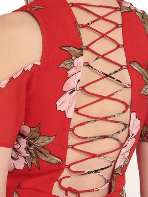 Lace up back floral cold shoulder dress - 15155781 - Standard Image - 5
