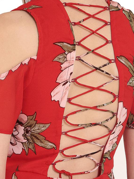 Lace up back floral cold shoulder dress - 15155781 - Zoom Image - 5