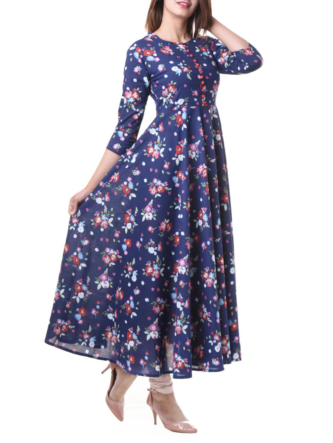 blue cotton flared kurta - 15162590 - Zoom Image - 2