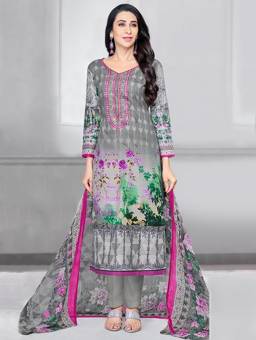 grey embroidered unstitched straight pant suit - 15168606 - Standard Image - 1
