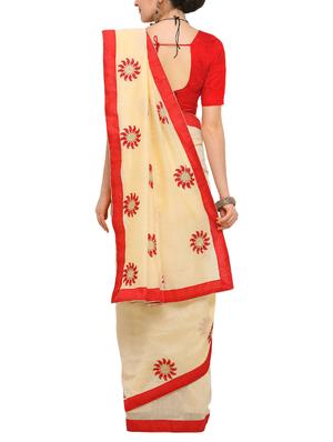 beige cotton blend embroidered saree with blouse - 15171096 - Standard Image - 2