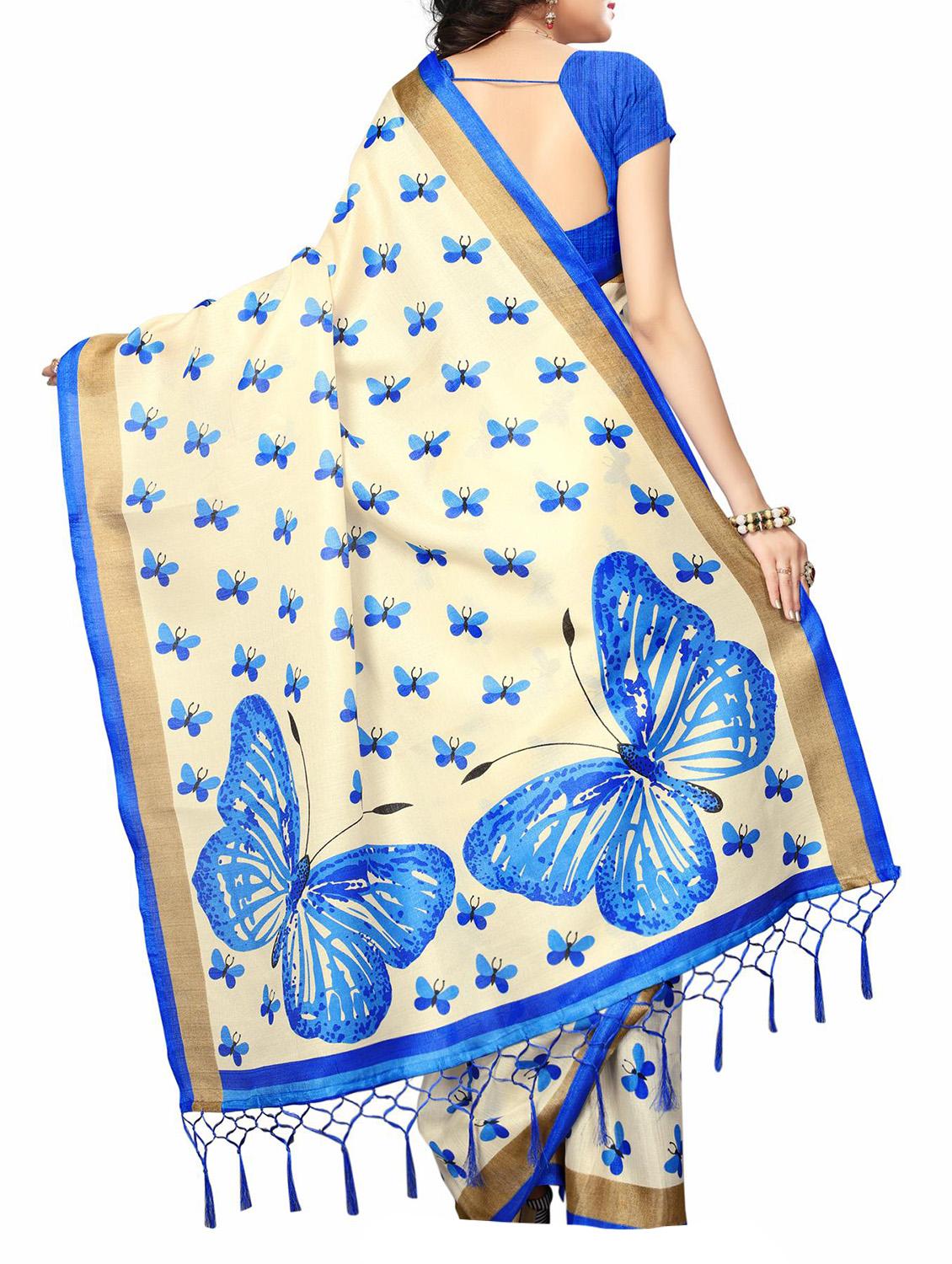beige silk blend printed saree with blouse - 15172176 - Zoom Image - 2