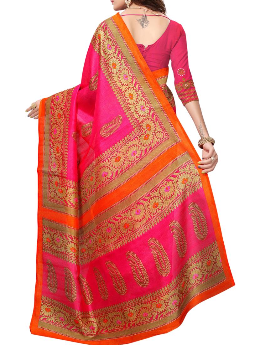 pink cotton silk printed saree with blouse - 15175571 - Zoom Image - 2