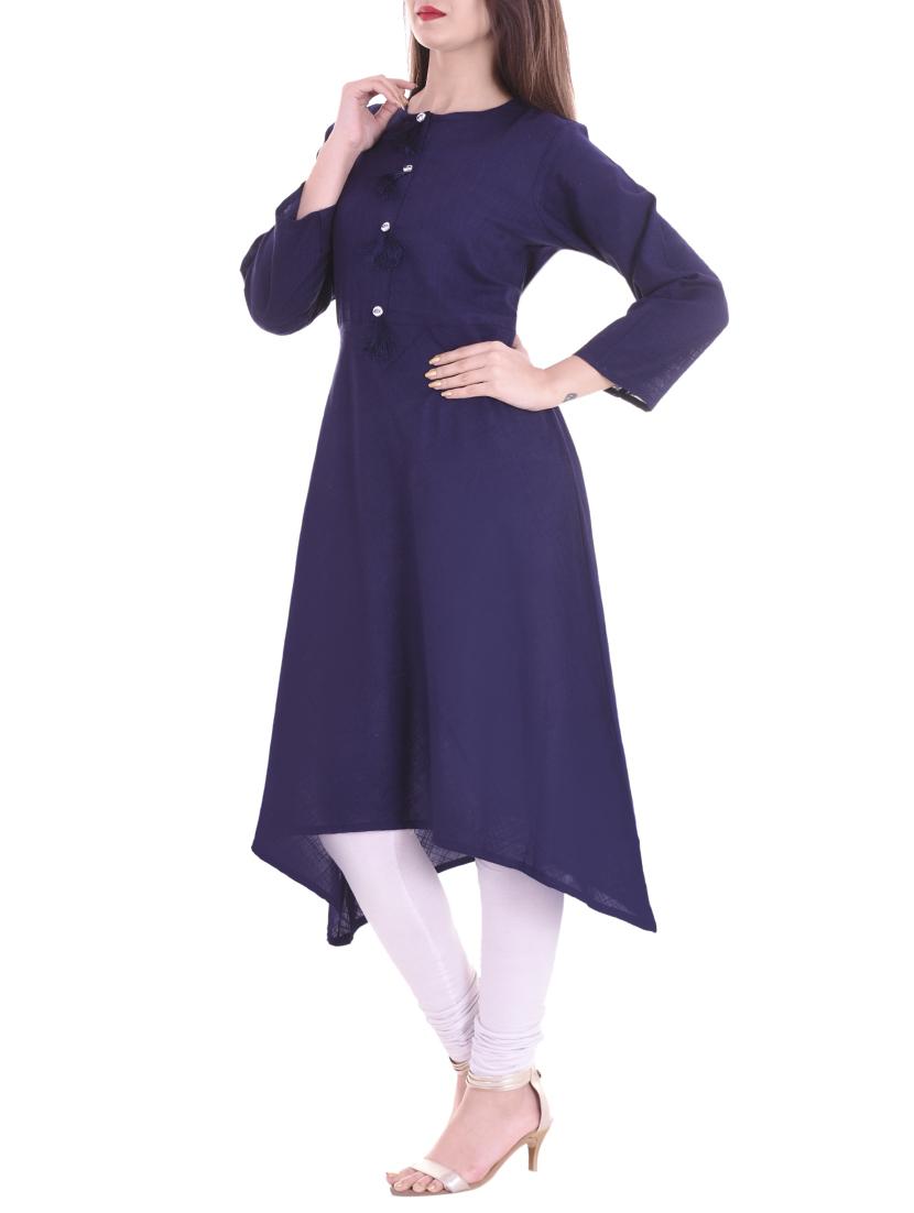 blue cotton asymmetric solid kurta - 15175868 - Zoom Image - 2