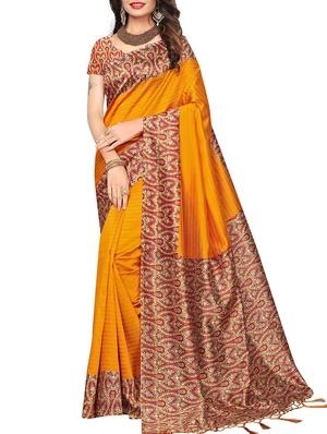 set of 2 mustard silk blend printed saree combo with blouse - 15176581 - Standard Image - 2