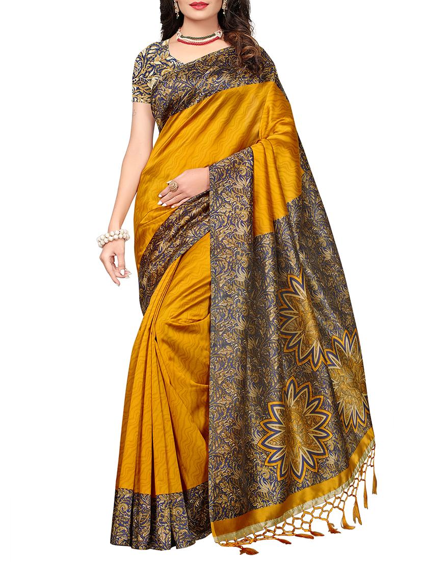 set of 2 mustard silk blend printed saree combo with blouse - 15176581 - Zoom Image - 5