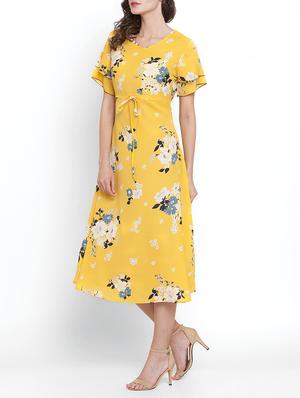 yellow crepe a-line floral dress - 15179795 - Standard Image - 2
