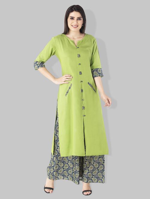 Double pocket solid kurta with printed palazzo - 15182399 - Standard Image - 1